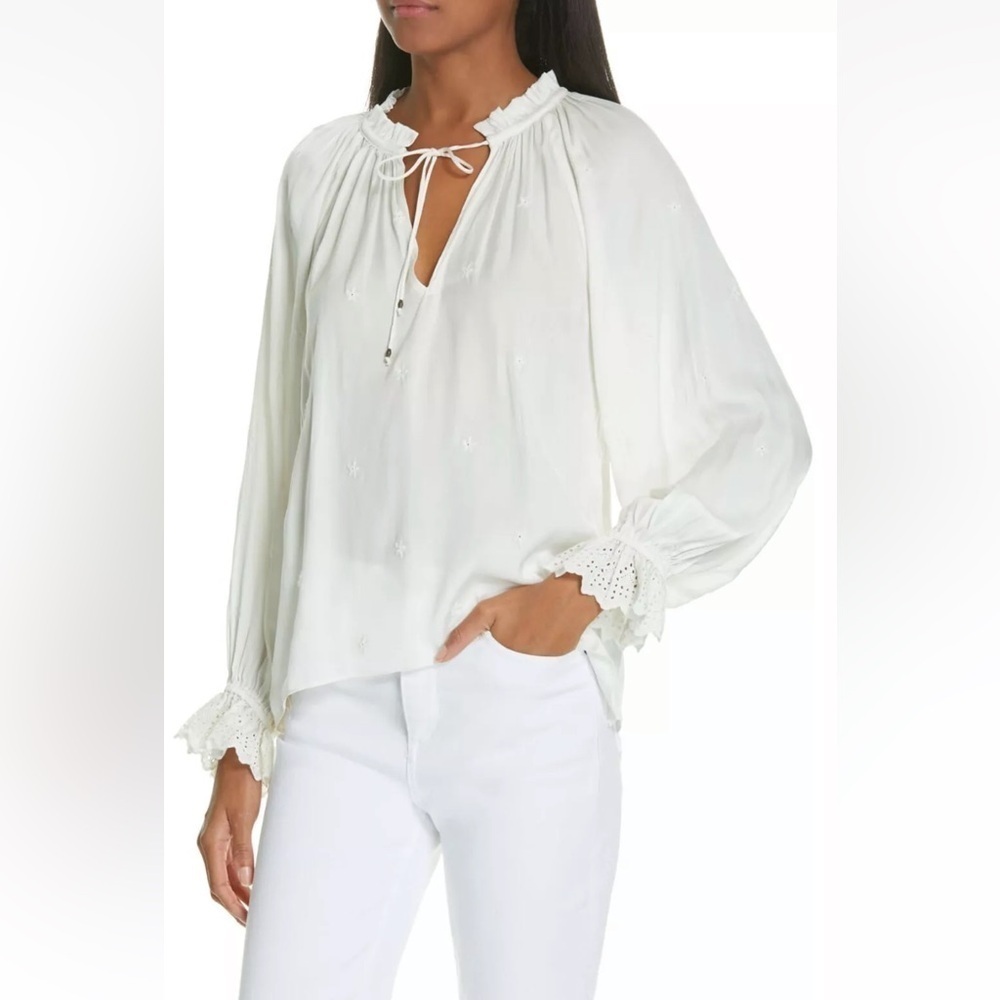 Ulla Johnson Irene Pearl White Drawstring Neck Blouse - Picture 2 of 12